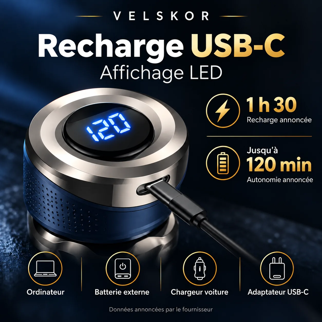 Affiche : recharge USB-C, affichage LED et autonomie annoncée