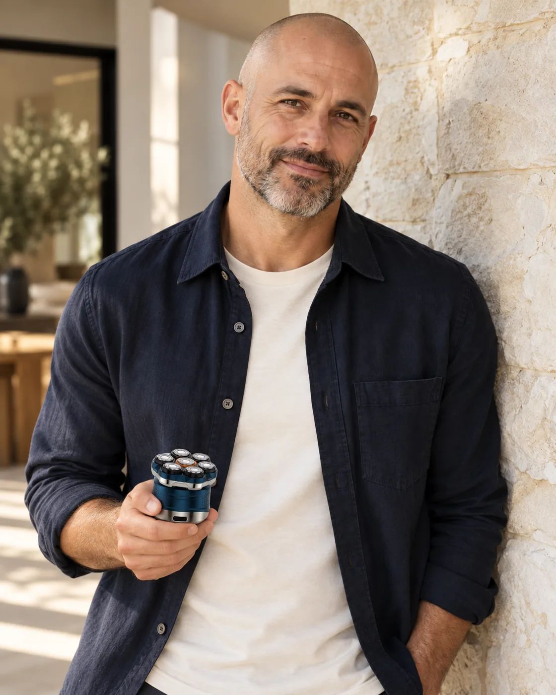 Portrait d’un homme au crâne rasé en surchemise bleu marine
