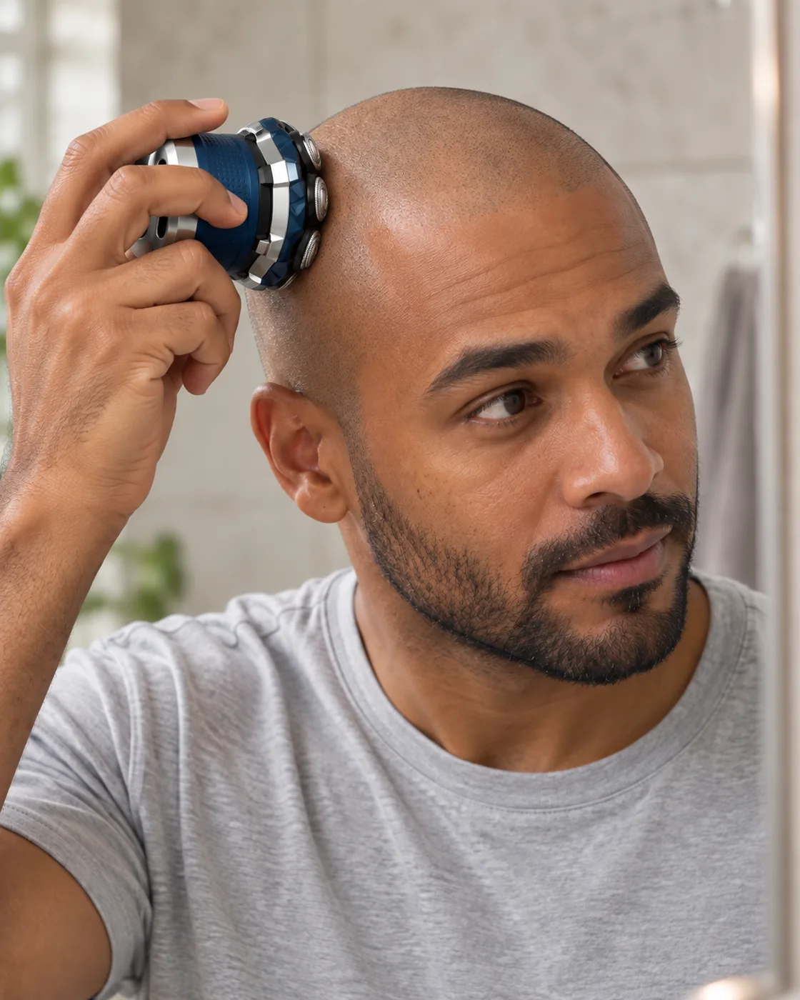 Homme en T-shirt gris utilisant le rasoir 7D